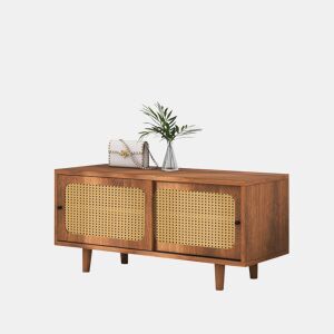 Sapateira De Madeira Com Portas Deslizantes De Rattan Natural, Estilo Nórdico Retro Em Tom Nogal, Com Prateleiras Ajustáveis E Pés De Madeira Maciça, Ideal Para Hall De Entrada, Corredor Ou Quarto