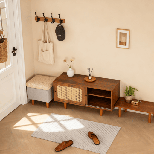 Sapateira De Madeira Com Portas Deslizantes De Rattan Natural, Estilo Nórdico Retro Em Tom Nogal, Com Prateleiras Ajustáveis E Pés De Madeira Maciça, Ideal Para Hall De Entrada, Corredor Ou Quarto