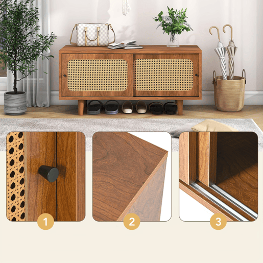 Sapateira De Madeira Com Portas Deslizantes De Rattan Natural, Estilo Nórdico Retro Em Tom Nogal, Com Prateleiras Ajustáveis E Pés De Madeira Maciça, Ideal Para Hall De Entrada, Corredor Ou Quarto