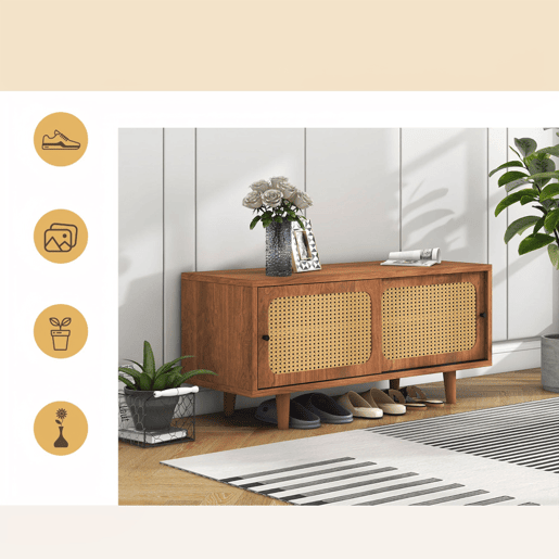Sapateira De Madeira Com Portas Deslizantes De Rattan Natural, Estilo Nórdico Retro Em Tom Nogal, Com Prateleiras Ajustáveis E Pés De Madeira Maciça, Ideal Para Hall De Entrada, Corredor Ou Quarto