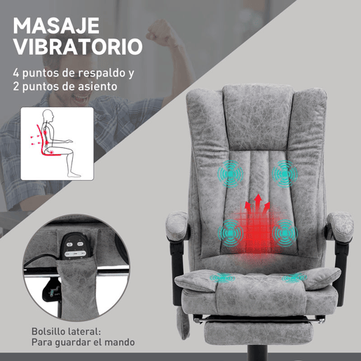 Vinsetto Cadeira de Escritório com 6 Pontos de Massagem Giratória com Encosto Reclinável 135º Função de Aquecimento Apoio para os Pés Retrátil Altura Ajustável e Controlo Remoto 62x67x113-120 cm Cinza