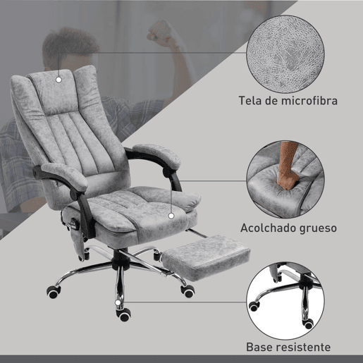 Vinsetto Cadeira de Escritório com 6 Pontos de Massagem Giratória com Encosto Reclinável 135º Função de Aquecimento Apoio para os Pés Retrátil Altura Ajustável e Controlo Remoto 62x67x113-120 cm Cinza