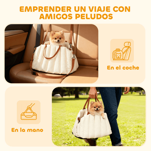 PawHut Assento de Carro para Cães Pequenos Assento de Carro para Animais de até 5 kg com Cinto de Segurança e Base Antiderrapante Cama de Viagem Portátil com Capa Removível e Lavável 50x30x31 cm Creme