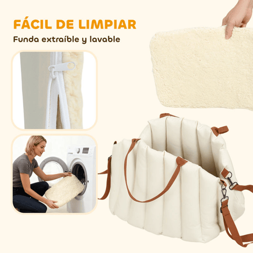 PawHut Assento de Carro para Cães Pequenos Assento de Carro para Animais de até 5 kg com Cinto de Segurança e Base Antiderrapante Cama de Viagem Portátil com Capa Removível e Lavável 50x30x31 cm Creme