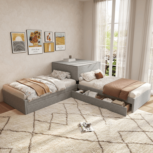 Cama de canto 90x200 - cama individual com gaveta, arrumação, gaveta e armário - cinzento