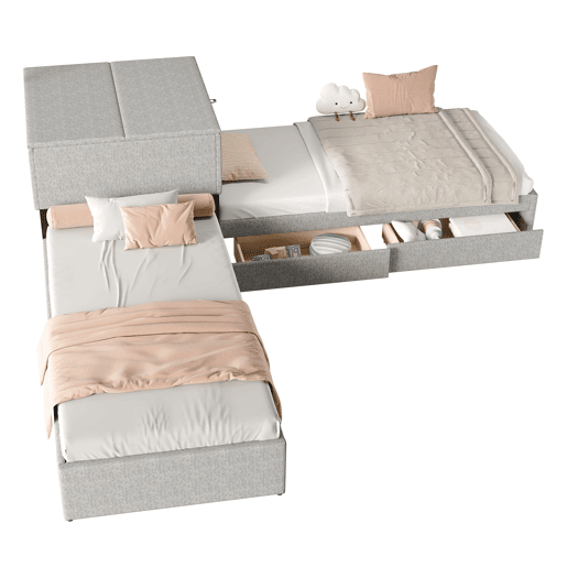 Cama de canto 90x200 - cama individual com gaveta, arrumação, gaveta e armário - cinzento