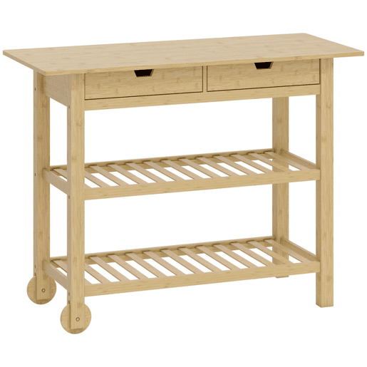 HOMCOM Carrinho Auxiliar com Rodas em Bambu 2 Gavetas 2 Prateleiras de Ripas 100x43x75 cm Madeira