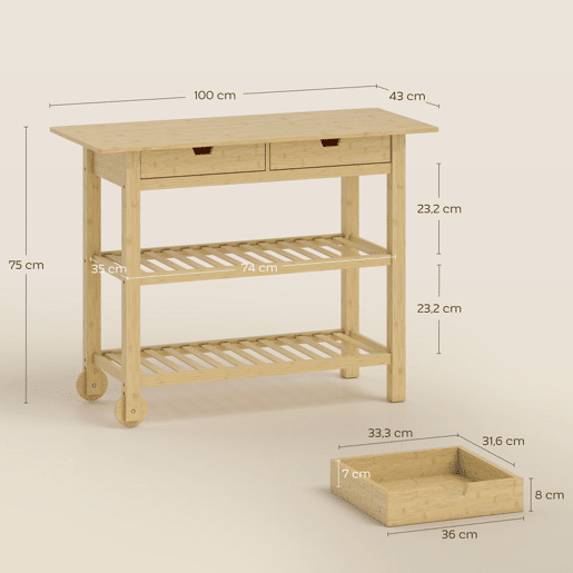 HOMCOM Carrinho Auxiliar com Rodas em Bambu 2 Gavetas 2 Prateleiras de Ripas 100x43x75 cm Madeira