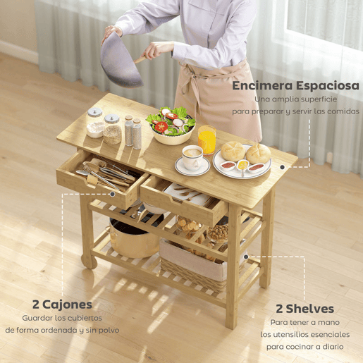 HOMCOM Carrinho Auxiliar com Rodas em Bambu 2 Gavetas 2 Prateleiras de Ripas 100x43x75 cm Madeira