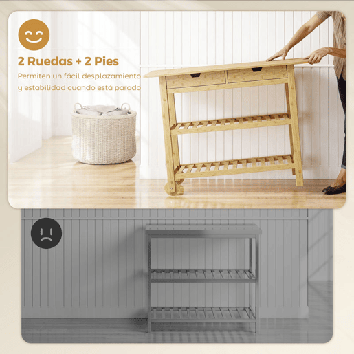 HOMCOM Carrinho Auxiliar com Rodas em Bambu 2 Gavetas 2 Prateleiras de Ripas 100x43x75 cm Madeira
