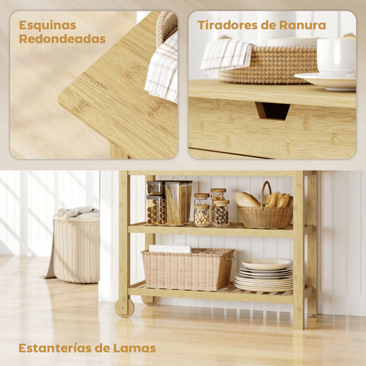 HOMCOM Carrinho Auxiliar com Rodas em Bambu 2 Gavetas 2 Prateleiras de Ripas 100x43x75 cm Madeira
