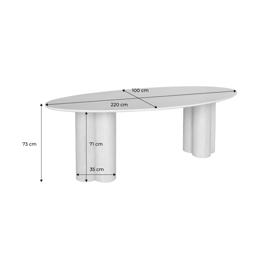 Mesa de jantar oval de madeira e folheado de carvalho para 8 lugares, Leonore, Natural, 220x110x73 cm
