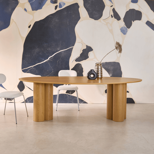 Mesa de jantar oval de madeira e folheado de carvalho para 8 lugares, Leonore, Natural, 220x110x73 cm