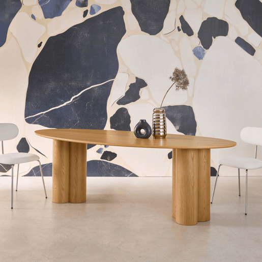 Mesa de jantar oval de madeira e folheado de carvalho para 8 lugares, Leonore, Natural, 220x110x73 cm