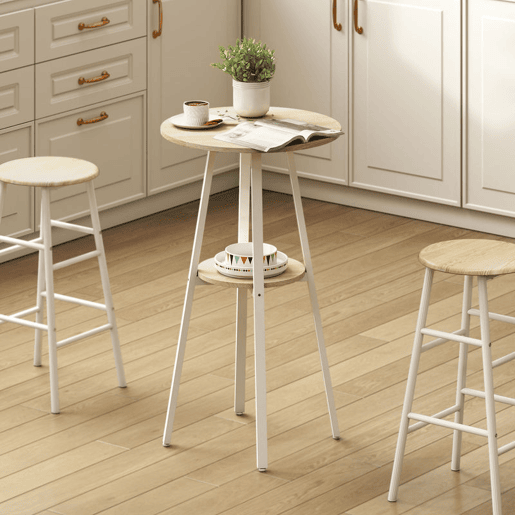 HOMCOM Mesa Alta de Cozinha Redonda com Prateleira de Armazenamento Mesa Alta de Bar Moderna para 2 Pessoas com Estrutura de Metal 55x55x95 cm Madeira e Branco