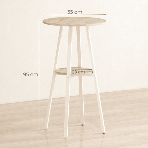 HOMCOM Mesa Alta de Cozinha Redonda com Prateleira de Armazenamento Mesa Alta de Bar Moderna para 2 Pessoas com Estrutura de Metal 55x55x95 cm Madeira e Branco