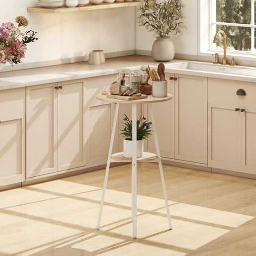 HOMCOM Mesa Alta de Cozinha Redonda com Prateleira de Armazenamento Mesa Alta de Bar Moderna para 2 Pessoas com Estrutura de Metal 55x55x95 cm Madeira e Branco