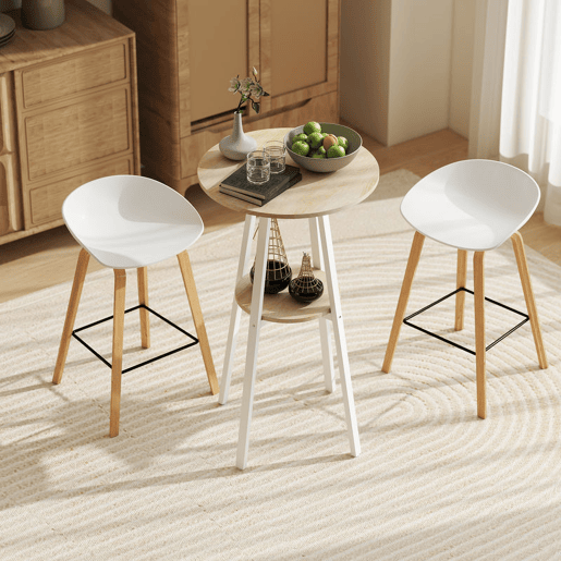 HOMCOM Mesa Alta de Cozinha Redonda com Prateleira de Armazenamento Mesa Alta de Bar Moderna para 2 Pessoas com Estrutura de Metal 55x55x95 cm Madeira e Branco