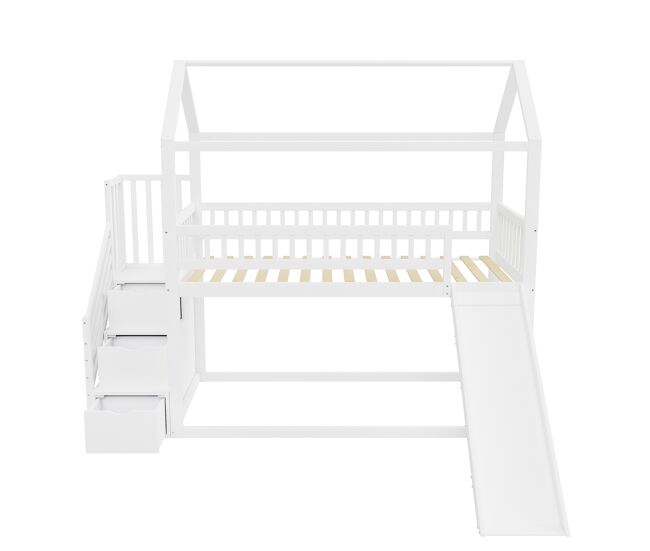 Cama alta infantil 90x200 cm - con tobogán, escalera con almacenamiento, estructura de madera maciza, barandilla alta - blanco