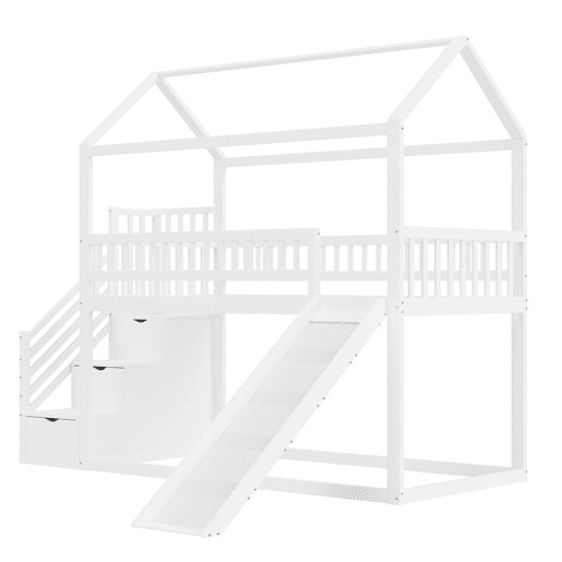Cama alta infantil 90x200 cm - com escorregador, escada com arrumação, estrutura em madeira maciça, corrimão alto - branco