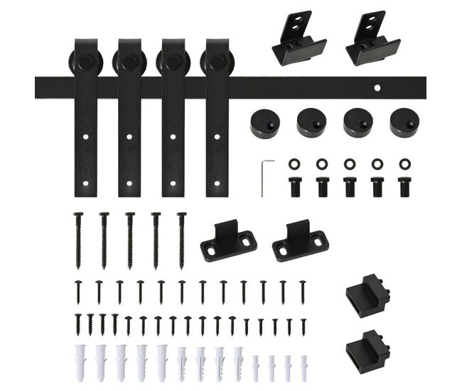 Homcom herrajes puertas correderas 183 cm, kit para puerta corredera doble de madera ancho 45 cm, para mueble de tv, armario, acero al carbono, negro