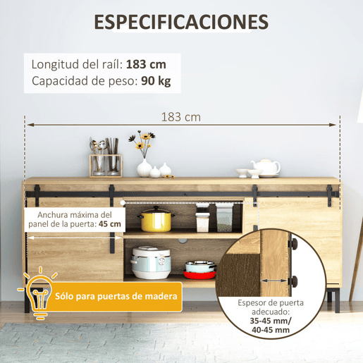 HOMCOM Ferragens para Portas de Correr 183 cm Kit para Porta de Correr Dupla em Madeira Largura 45 cm Aço Carbono Preto