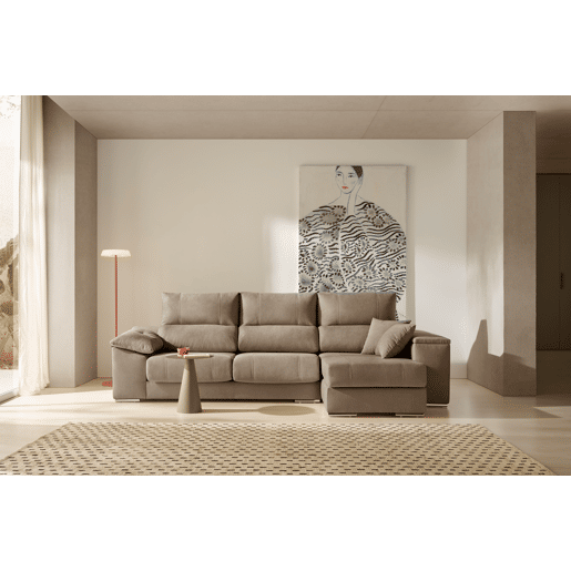 Sofá Chaise Longue Corsa, Tecido Resistente a Manchas, Marrom, Lado Direito