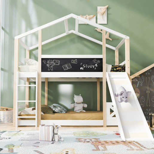 Cama infantil 90x200 cm - Cama alta com escorregador e escada - Natural e Branco