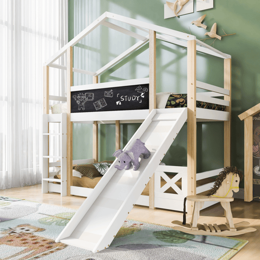 Cama infantil 90x200 cm - Cama alta com escorregador e escada - Natural e Branco