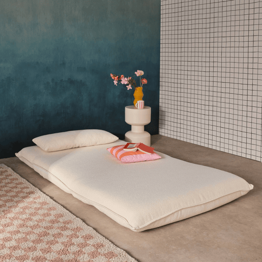 Sofá-cama conversível boucle texturado, 2 lugares, Fleeep, Branco sujo, 200x120x66 cm