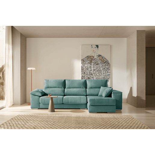 Sofá Chaise Longue Corsa, Tecido Turquesa Resistente a Manchas, Lado Direito