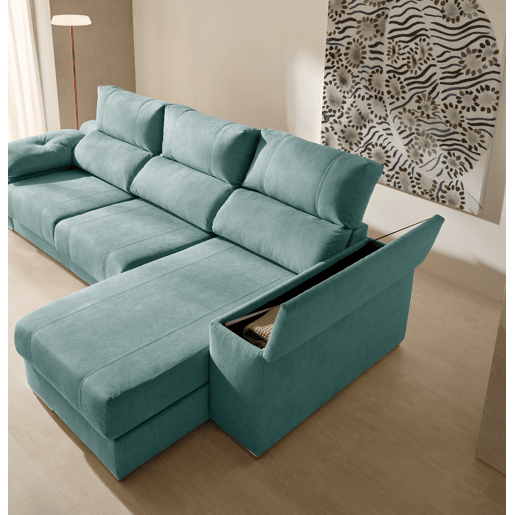 Sofá Chaise Longue Corsa, Tecido Turquesa Resistente a Manchas, Lado Direito