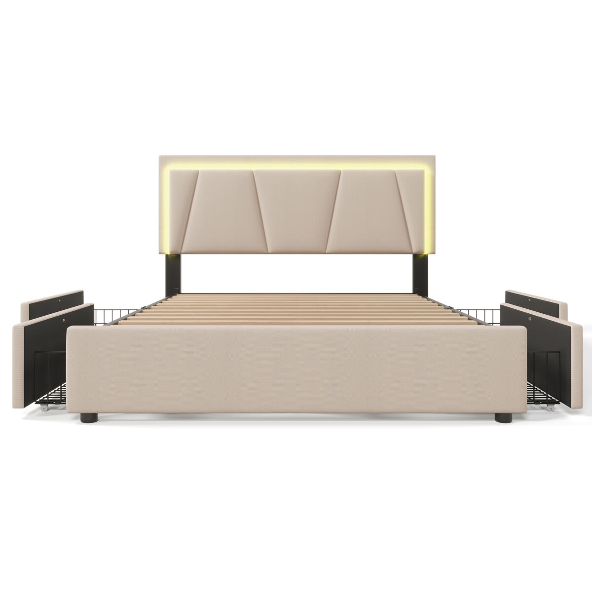 Cama tapizada 140x200cm - con led, 4 cajones, cabecero ajustable - beige