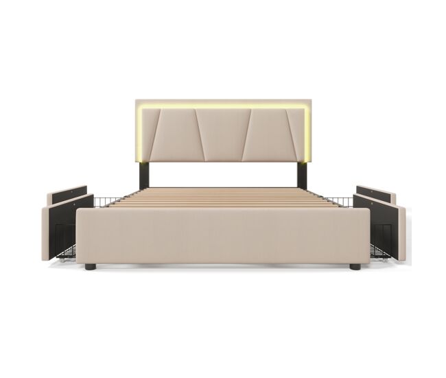 Cama tapizada 140x200cm - con led, 4 cajones, cabecero ajustable - beige
