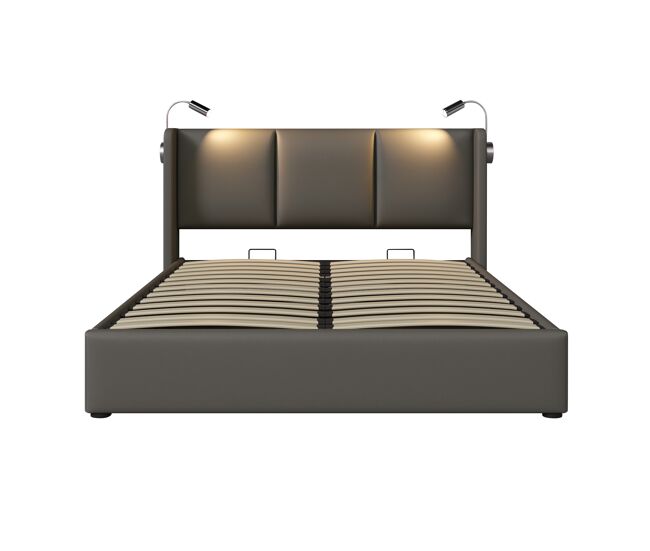 Cama 140x200 - con almacenamiento, luz de lectura y función de carga usb - gris