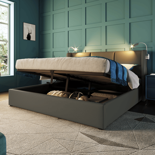 Cama 140x200 - com arrumação, luz de leitura e função de carregamento USB - Cinza