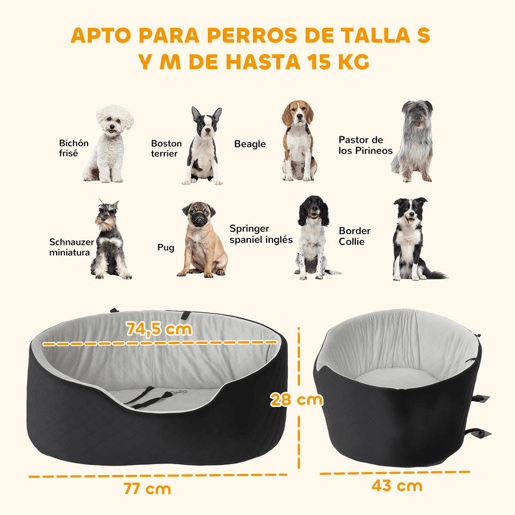 PawHut Assento de Carro para Cães Pequenos e Médios Assento para Animais de Estimação de até 15 kg com Capa Removível e Lavável Cama de Viagem com Cinto de Segurança e Base Antiderrapante 77x43x28 cm Preto