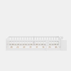 Cama infantil 90x200cm - Madeira de pinho, Armazenamento aberto, Prateleiras, Caixa rebatível - Branco