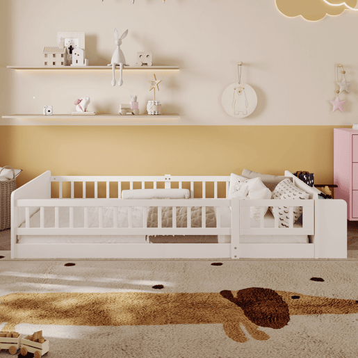 Cama infantil 90x200cm - Madeira de pinho, Armazenamento aberto, Prateleiras, Caixa rebatível - Branco