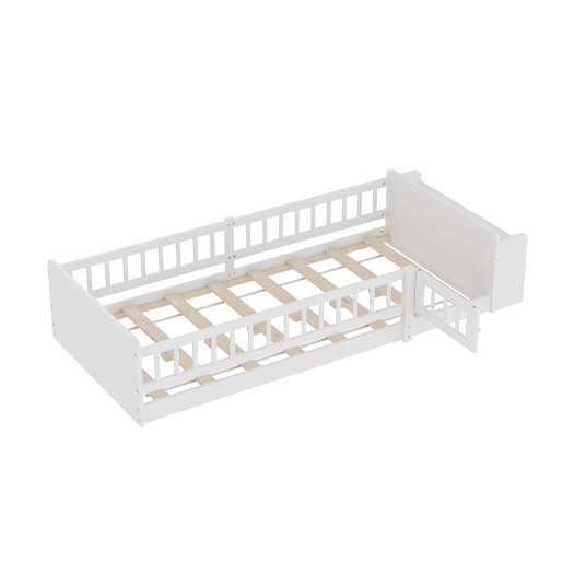 Cama infantil 90x200cm - Madeira de pinho, Armazenamento aberto, Prateleiras, Caixa rebatível - Branco