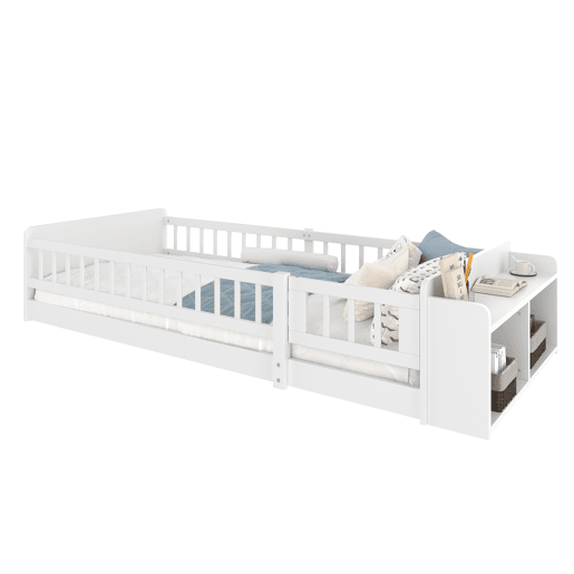 Cama infantil 90x200cm - Madeira de pinho, Armazenamento aberto, Prateleiras, Caixa rebatível - Branco