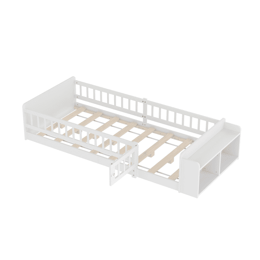 Cama infantil 90x200cm - Madeira de pinho, Armazenamento aberto, Prateleiras, Caixa rebatível - Branco