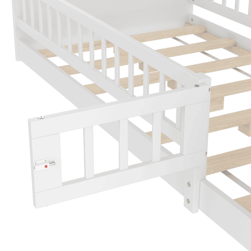 Cama infantil 90x200cm - Madeira de pinho, Armazenamento aberto, Prateleiras, Caixa rebatível - Branco
