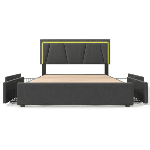 Cama estofada 140x200 cm - Com LED, 4 gavetas, cabeceira ajustável, estrado de madeira - Cinza