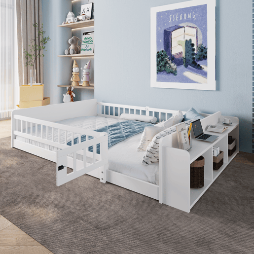 Cama infantil 140x190cm - Estrutura em pinho, arrumação aberta, prateleiras, caixa com tampa, sem colchão - Branco