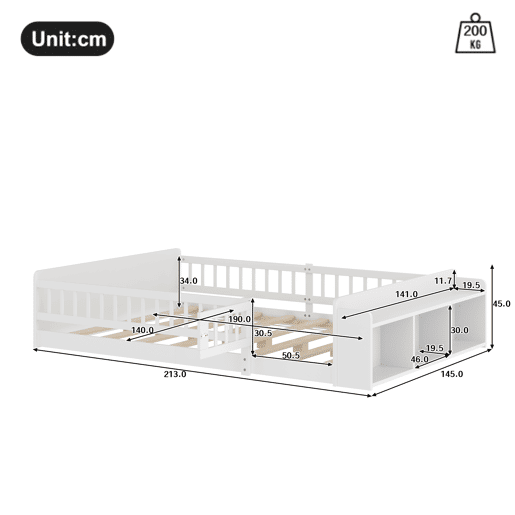 Cama infantil 140x190cm - Estrutura em pinho, arrumação aberta, prateleiras, caixa com tampa, sem colchão - Branco