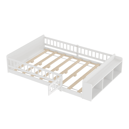 Cama infantil 140x190cm - Estrutura em pinho, arrumação aberta, prateleiras, caixa com tampa, sem colchão - Branco