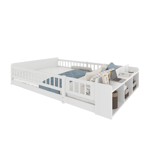 Cama infantil 140x190cm - Estrutura em pinho, arrumação aberta, prateleiras, caixa com tampa, sem colchão - Branco