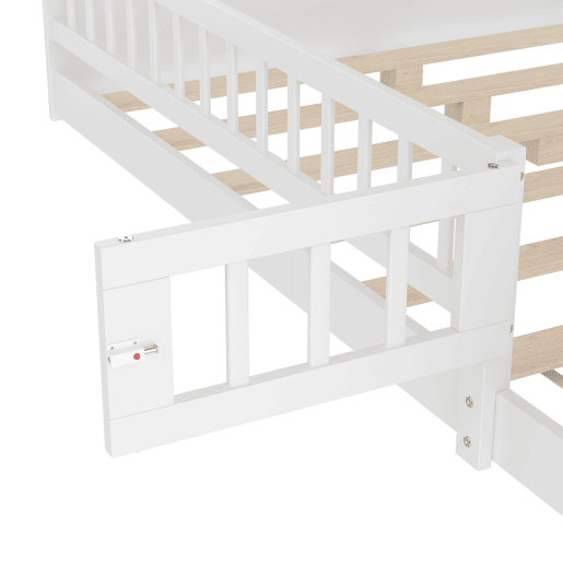 Cama infantil 140x190cm - Estrutura em pinho, arrumação aberta, prateleiras, caixa com tampa, sem colchão - Branco