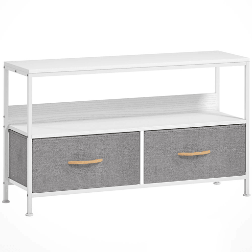HOMCOM Móvel de TV com Prateleira e 2 Gavetas de Tecido Dobráveis para Televisores até 47 Polegadas para Sala Quarto 98x29x56 cm Branco e Cinza